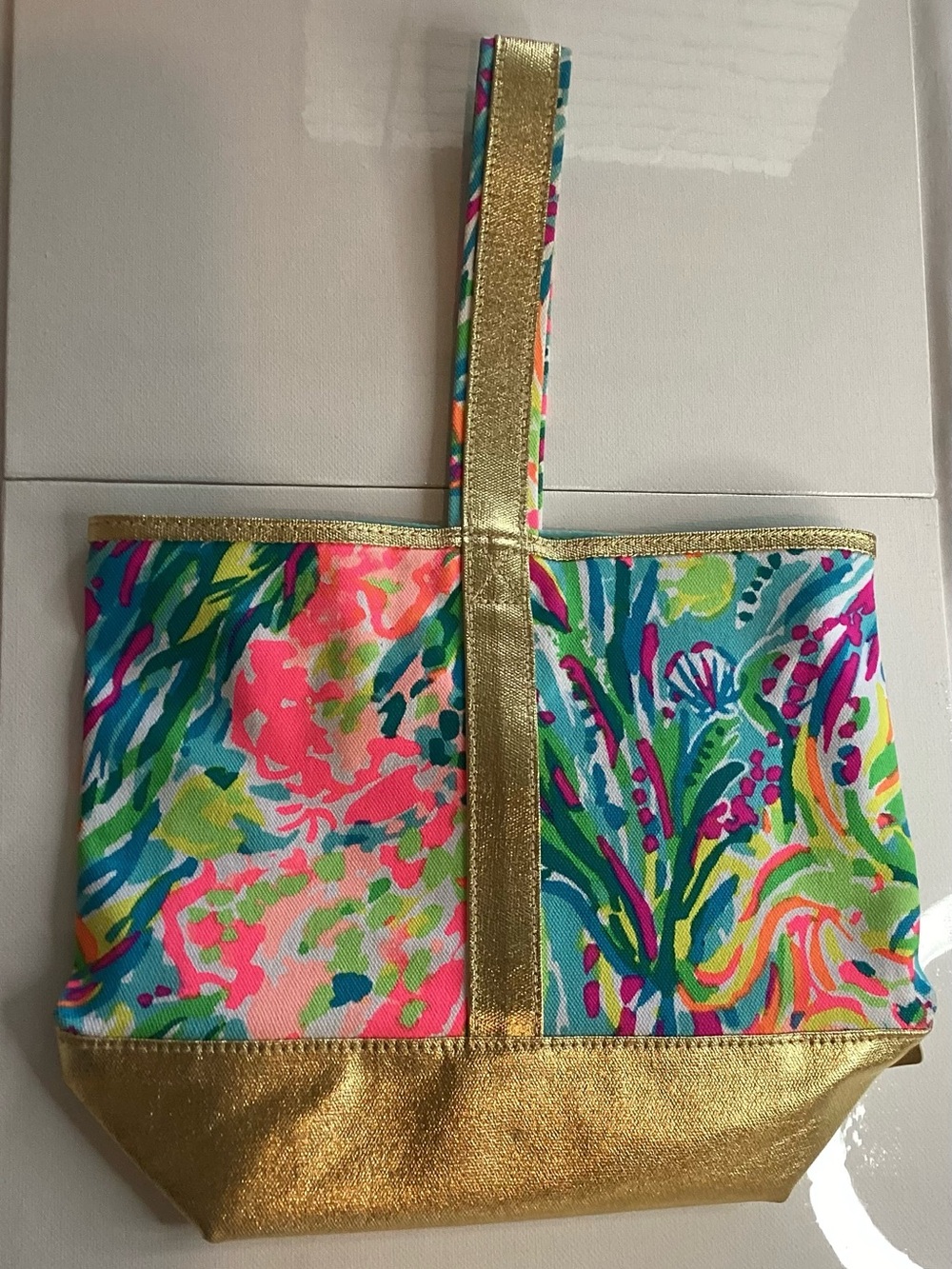 Lilly Pulitzer Wine Bag Gold Fan Sea Pants Canvas Double Tote W/ Divider Stylish